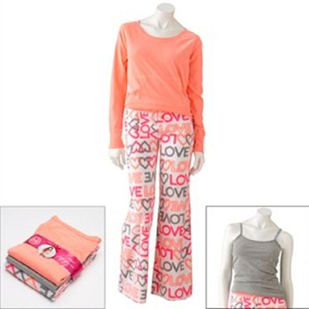So Junior's 3-Piece Knit Fleece Top, Cami and Pants Pajamas Set, Peach Grey
